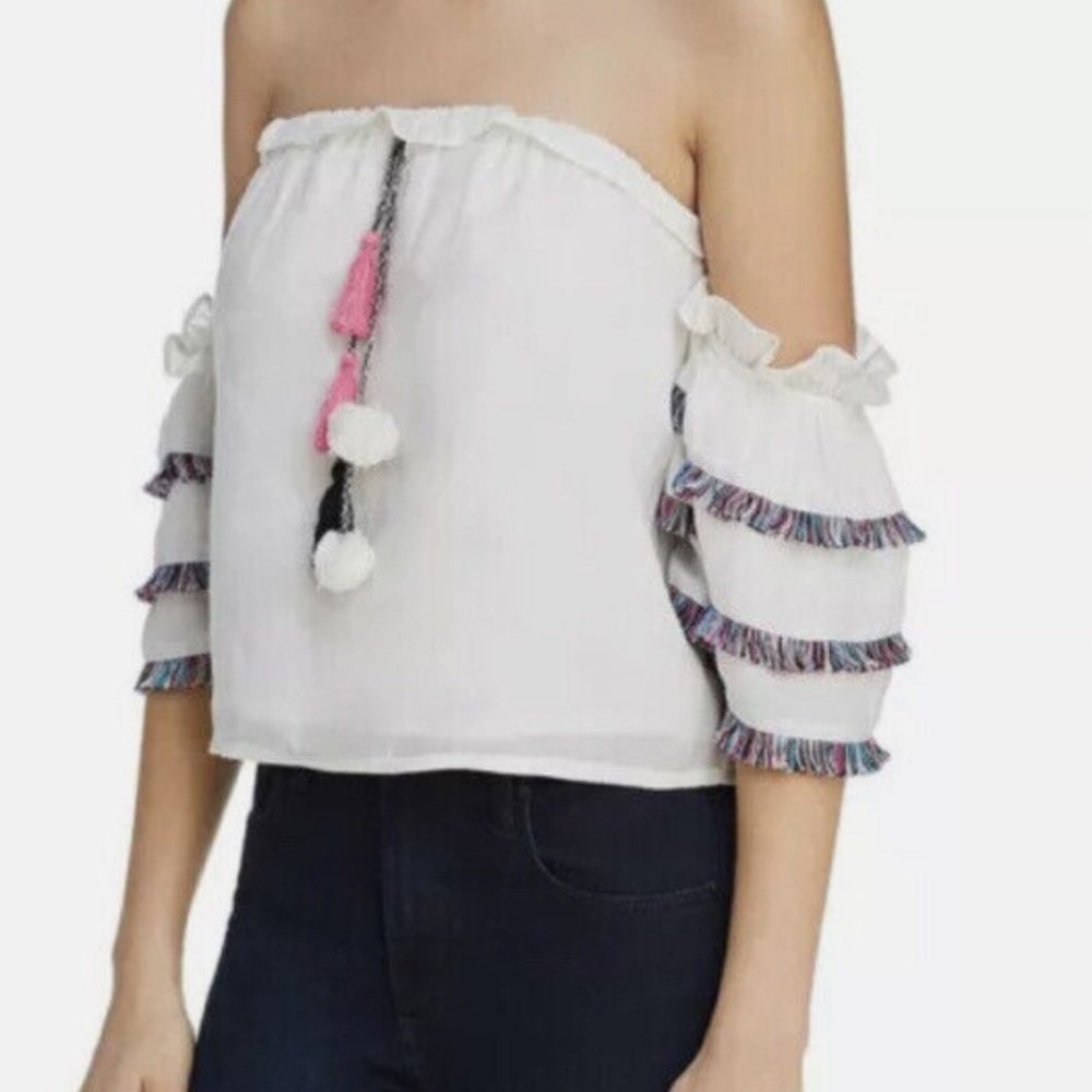 RED CARTER XS CROP TOP OFF SHOULDER FRINGE